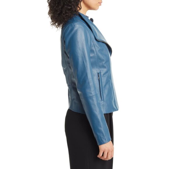 🆕 NORDSTROM Leather Moto Zip Jacket Blue Large (10-12) - Picture 3 of 10